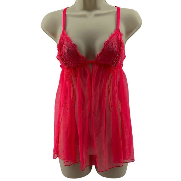 Victoria's Secret Neon Pink Babydoll Lingerie Lace Up Bust Womens Medium - Picture 1 of 10